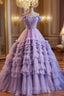 A Line Off Shoulder Tulle Purple Long Prom Dress, Purple Long Prom Dresses