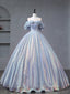 A Line Off Shoulder Tulle Sequin Blue Purple Long Prom Dress, Sequin Prom Dresses