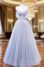 A-Line Off Shoulder Tulle Sequin Gray Long Prom Dresses, Gray Tulle Formal Dresses