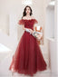A Line Off Shoulder Tulle Sequin Lace Burgundy Long Prom Dress, Burgundy Long Prom Dresses