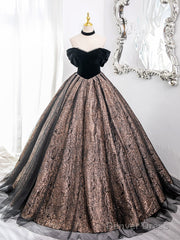 A-Line Off Shoulder Tulle Velvet Black Long Prom Dress, Black Long Formal Dress
