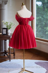 A-Line Off Shoulder V Neck Tulle Burgundy Short Prom Dresses With Beads