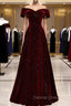 A-Line Off Shoulder Velvet Burgundy Long Prom Dresses, Burgundy Long Formal Dresses