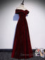 A Line Off Shoulder Velvet Burgundy Long Prom Dress, Burgundy Long Prom Dresses