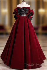 A-Line Off Shoulder Velvet Lace Burgundy Long Prom Dresses, Burgundy Long Formal Dresses