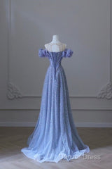 A Line Off The Shoulder Blue Long Prom Dresses Evening Dresses