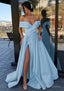 A Line Off The Shoulder Cap Straps Sweep Train Satin Prom Dresses With Pleated Split
