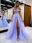 A Line Off the Shoulder Lace Tulle Prom Dresses With Slit