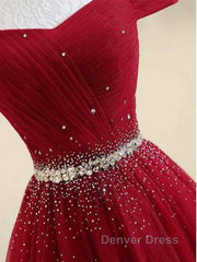 A-Line Off The Shoulder Red Tulle Prom Dresses Evening Dresses With Beading,