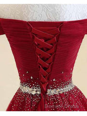 A-Line Off The Shoulder Red Tulle Prom Dresses Evening Dresses With Beading,