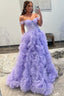A Line Off the Shoulder Ruffled Tulle Prom Dresses with Slit