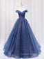A Line Off the Shoulder Shiny Blue Long Prom Dress, Off Shoulder Shiny Blue Prom Dresses