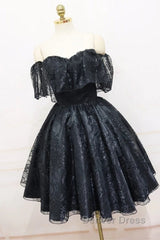 A-Line Off The Shoulder Short Black Lace Homecoming Dresses