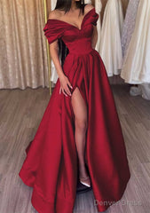 A-line Off-the-Shoulder Short Sleeve Satin Long/Floor-Length Prom Dresses With Ruffles Split