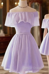 A-line Off-the-Shoulder Short Sleeve Short/Mini Chiffon Homecoming Dresses with Pleated