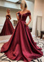 A Line Off The Shoulder Sleeveless Satin Sweep Train Prom Dresses With Pockets
