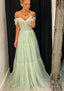 A Line Off The Shoulder Sleeveless Sweep Train Tulle Prom Dresses With Pleated