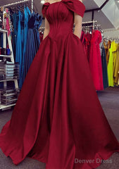 A-line Off-the-Shoulder Strapless Long/Floor-Length Satin Prom Dresses With Pleated Pockets