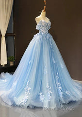 A-Line Off-The-Shoulder Sweetheart Sweep Train Tulle Prom Dresses, Sky Blue Applique Wedding Dresses