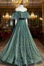 A Line Off the Shoulder Tulle Long Prom Dress, Green Prom Dresses