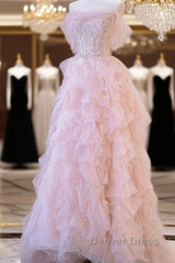 A Line Off The Shoulder Tulle Pink Tiered Prom Dresses Evening Dresses