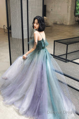 A-Line Ombre Tulle Long Prom Dress, V-Neck Evening Dress