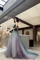 A-Line Ombre Tulle Long Prom Dress, V-Neck Evening Dress