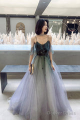 A-Line Ombre Tulle Long Prom Dress, V-Neck Evening Dress