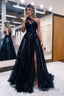 A Line One Shoulder Black Long Prom Dresses with Appliques