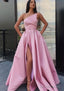 A Line One Shoulder Long Floor Length Satin Prom Dresses With Pockets Waistband Split