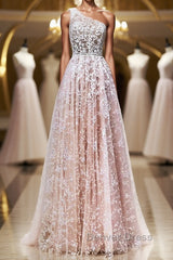 A Line One Shoulder Pink Lace Long Prom Dresses, Pink Lace Formal Dresses, Pink Evening Dresses