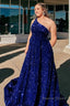 A Line One Shoulder Royal Blue Sequins Long Prom Dresses