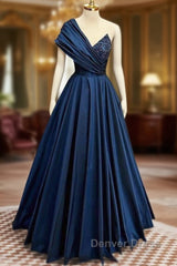 A-Line One Shoulder Satin Beads Dark Blue Long Prom Dresses, Blue Long Evening Dresses