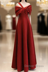 A-Line One Shoulder Satin Burgundy Long Prom Dresses, Burgundy Long Formal Dresses