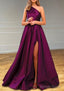 A Line One Shoulder Satin Prom Dresses With Pleated Split