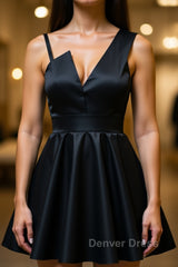 A Line One Shoulder Short Black Prom Dresses, Short Black One Shoulder Formal Graduation Dresses
