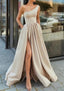 A Line One Shoulder Sleeveless Long Floor Length Satin Prom Dresses With Ruffles Split