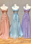 A Line One Shoulder Sleeveless Long Floor Length Tulle Prom Dresses with Appliqued Split