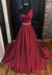 A-line One-Shoulder Sleeveless Satin Long/Floor-Length Prom Dresses With Beading Pleated