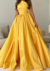 A-line One-Shoulder Sleeveless Sweep Train Satin Prom Dresses with Pleated