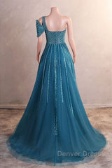 A-Line One Shoulder Tulle Beaded Long Prom Dresses Elegant Evening Gown