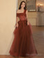 A Line One Shoulder Tulle Long Burgundy Prom Dresses, Burgundy Formal Graduation Dress With Sequin Beading