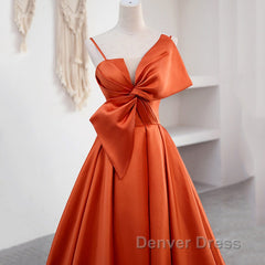 A Line Orange Satin Prom Dresses Sweet Bow Birthday Party Dresses