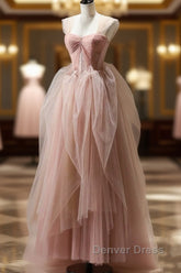 A Line Pink Corset Long Tulle Prom Dresses With Ruffles