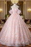 A Line Pink Flowers Tulle Long Princess Dress, Off the Shoulder Prom Dresses