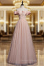 A line Pink Long Prom Dresses, Pink Tulle Formal Graduation Dresses With Beading