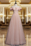 A Line Pink Long Prom Dress, Pink Tulle Prom Graduation Dresses With Beading