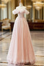 A-line Pink Off Shoulder Beaded Sweetheart Party Dresses, Pink Tulle Prom Dresses