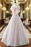 A-Line Pink Organza Long Prom Dresses, Pink Long Formal Dresses