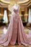 A Line Pink Sequins V Neck Backless Appliques Wedding Dresses